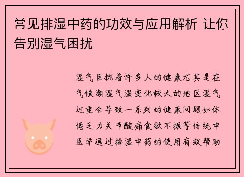 常见排湿中药的功效与应用解析 让你告别湿气困扰