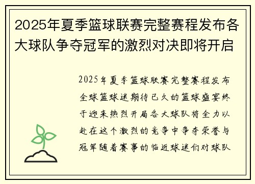 2025年夏季篮球联赛完整赛程发布各大球队争夺冠军的激烈对决即将开启