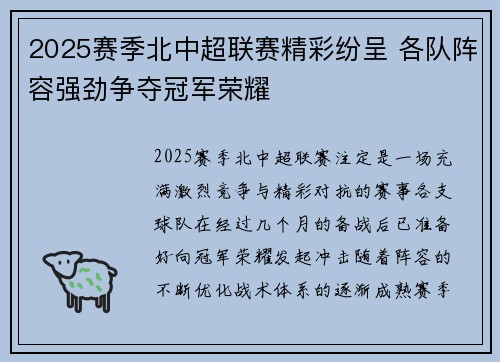 2025赛季北中超联赛精彩纷呈 各队阵容强劲争夺冠军荣耀